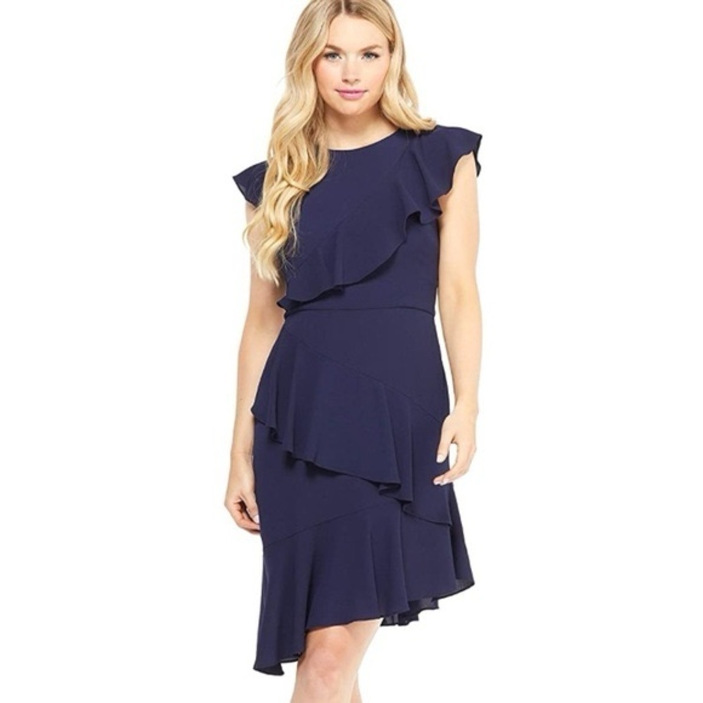 Maggy London Women's Petite Solid Crepe Asymmetric Sheath size 8P